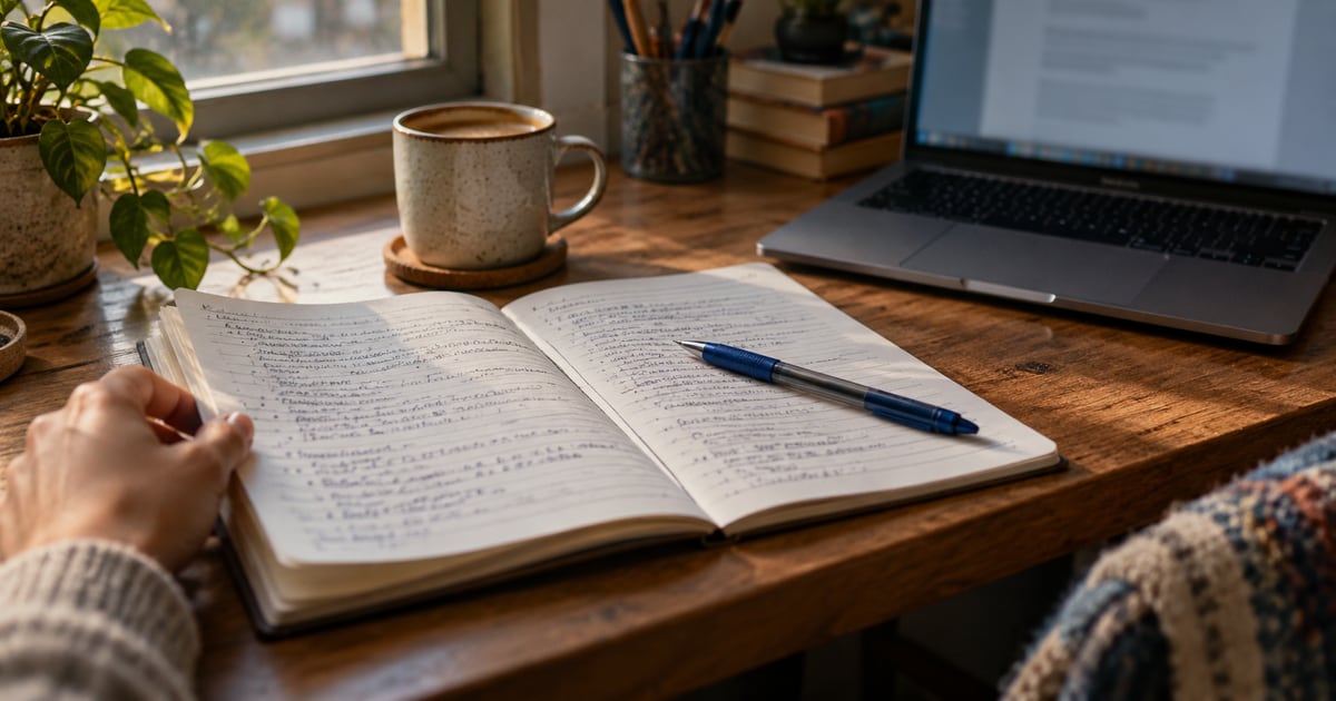 An open notebook with two columns of handwritten notes, a pen, a coffee mug and a laptop on a wooden desk by a window.
