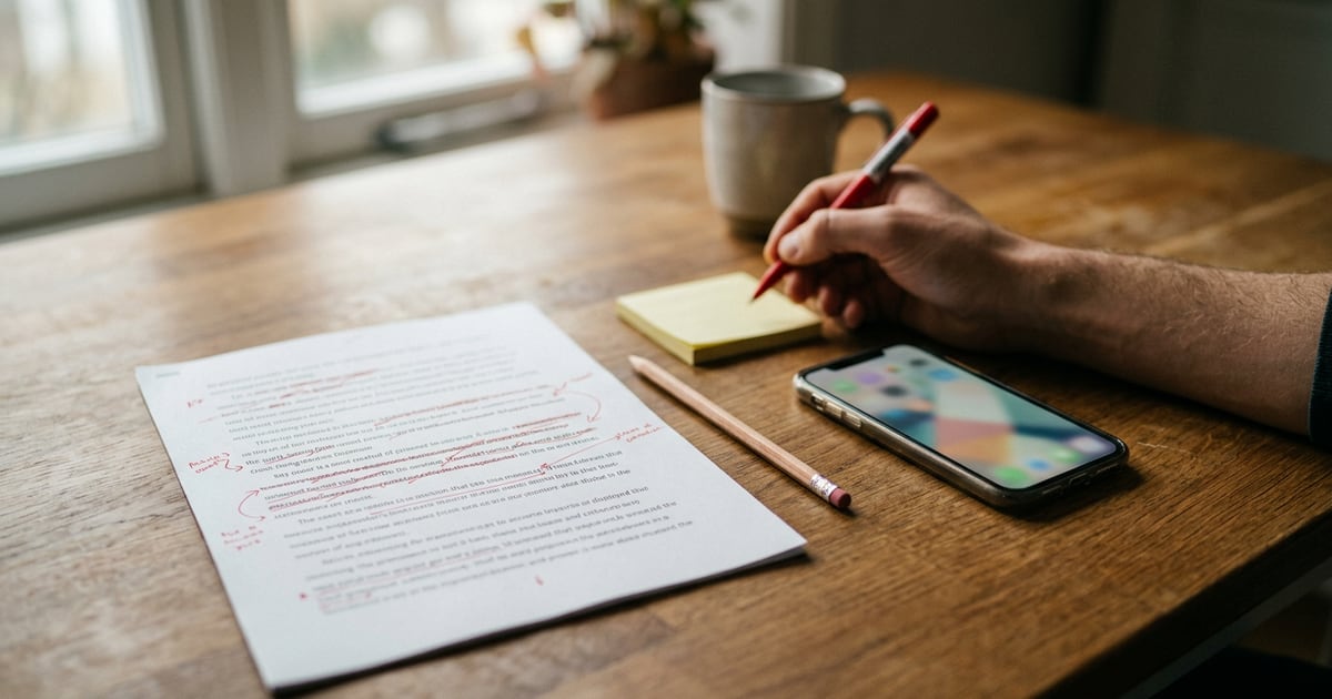 A printed page with red pen edits and crossed-out lines on a wooden table, beside a pencil, sticky notes and a phone