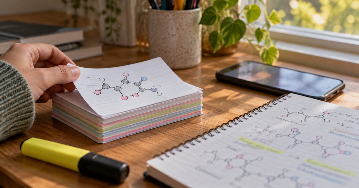 Handwritten chemistry flashcards with a drawn molecule on a wooden desk beside a yellow highlighter, an open notebook and a phone