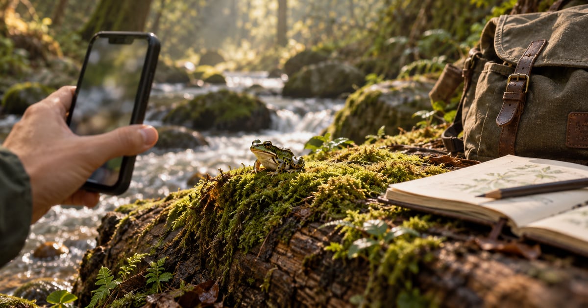 A hand holding a phone toward a small green frog on a mossy log by a stream, next to a backpack and an open field notebook